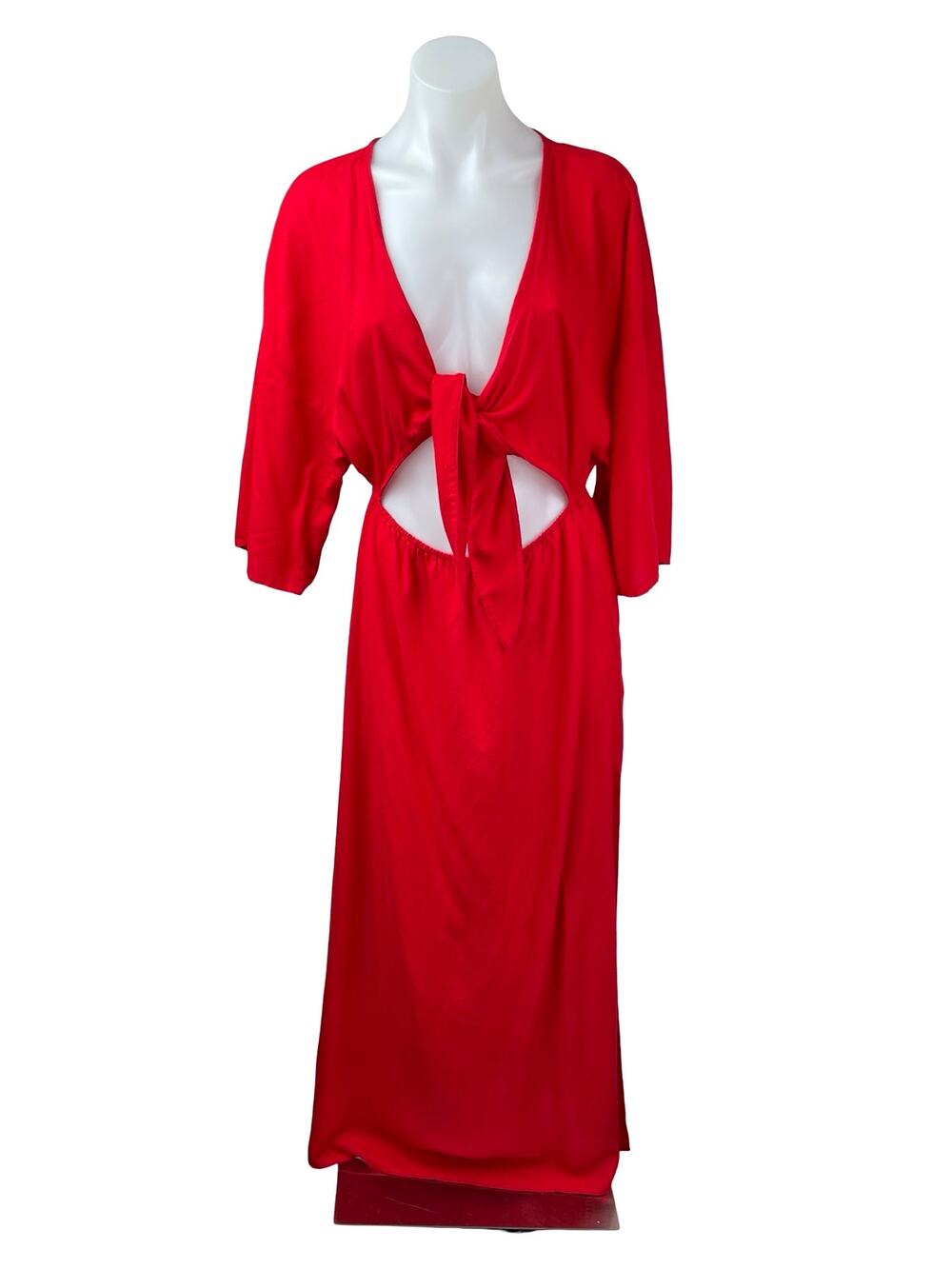 By Anthropologie Red Long Sleeve Wrap Tie Cutout V Neck A Line Maxi Dress Sz XS